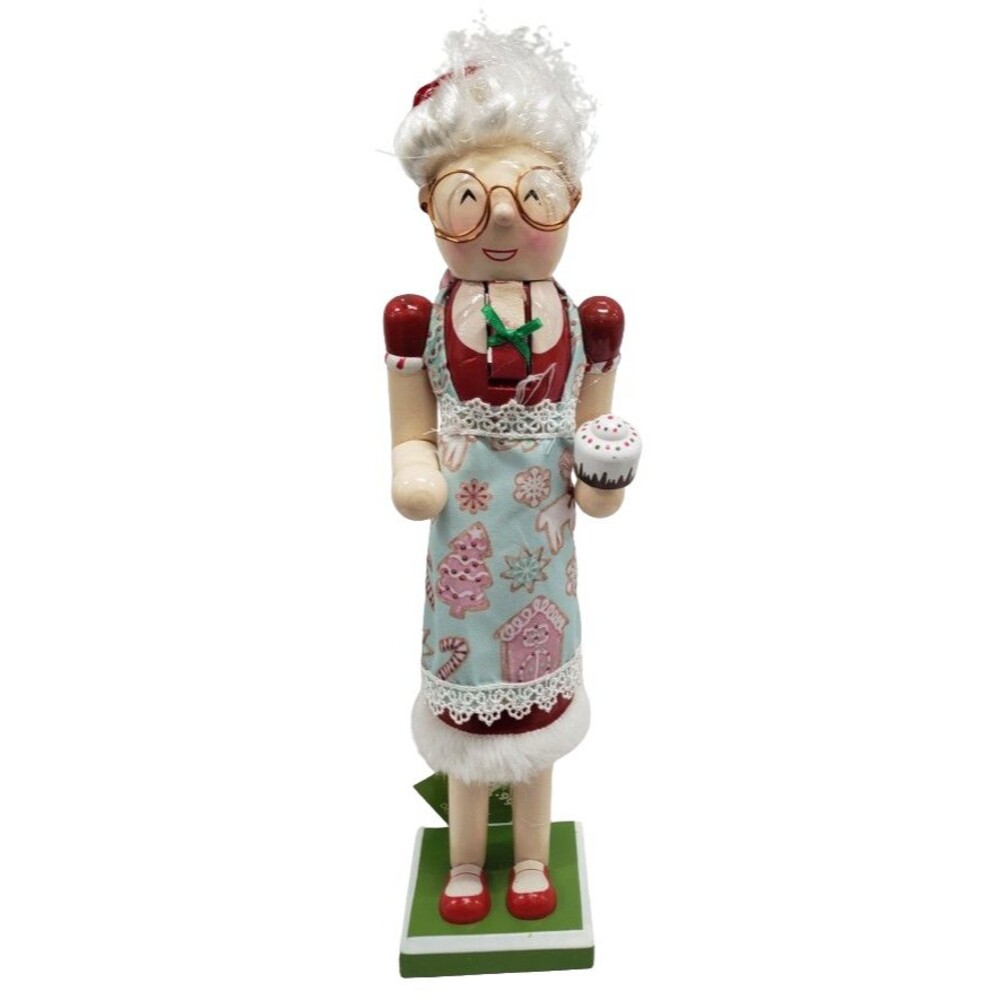 Wooden Christmas Nutcracker w/defect,15",MRS. CLAUS IN APRON WITH CUPCAKE,ATH,sp